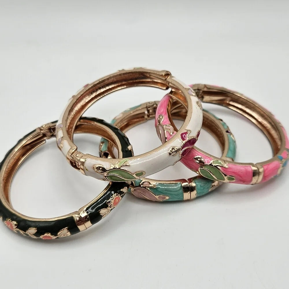 Jiu Long Xing Enamel Turtles & Floral Clamper Bangle Bracelets Small Wrist Child
